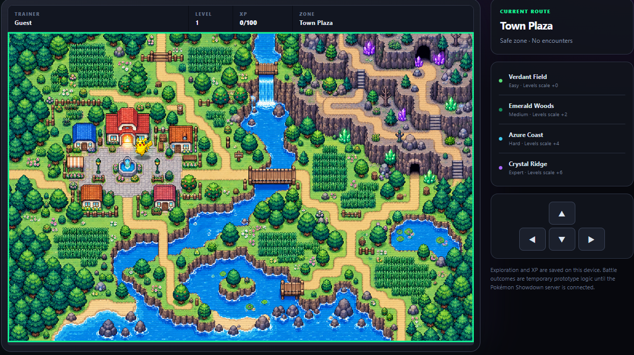 PokeSol World showing the colorful map, trainer level, experience, encounter zones and movement controls